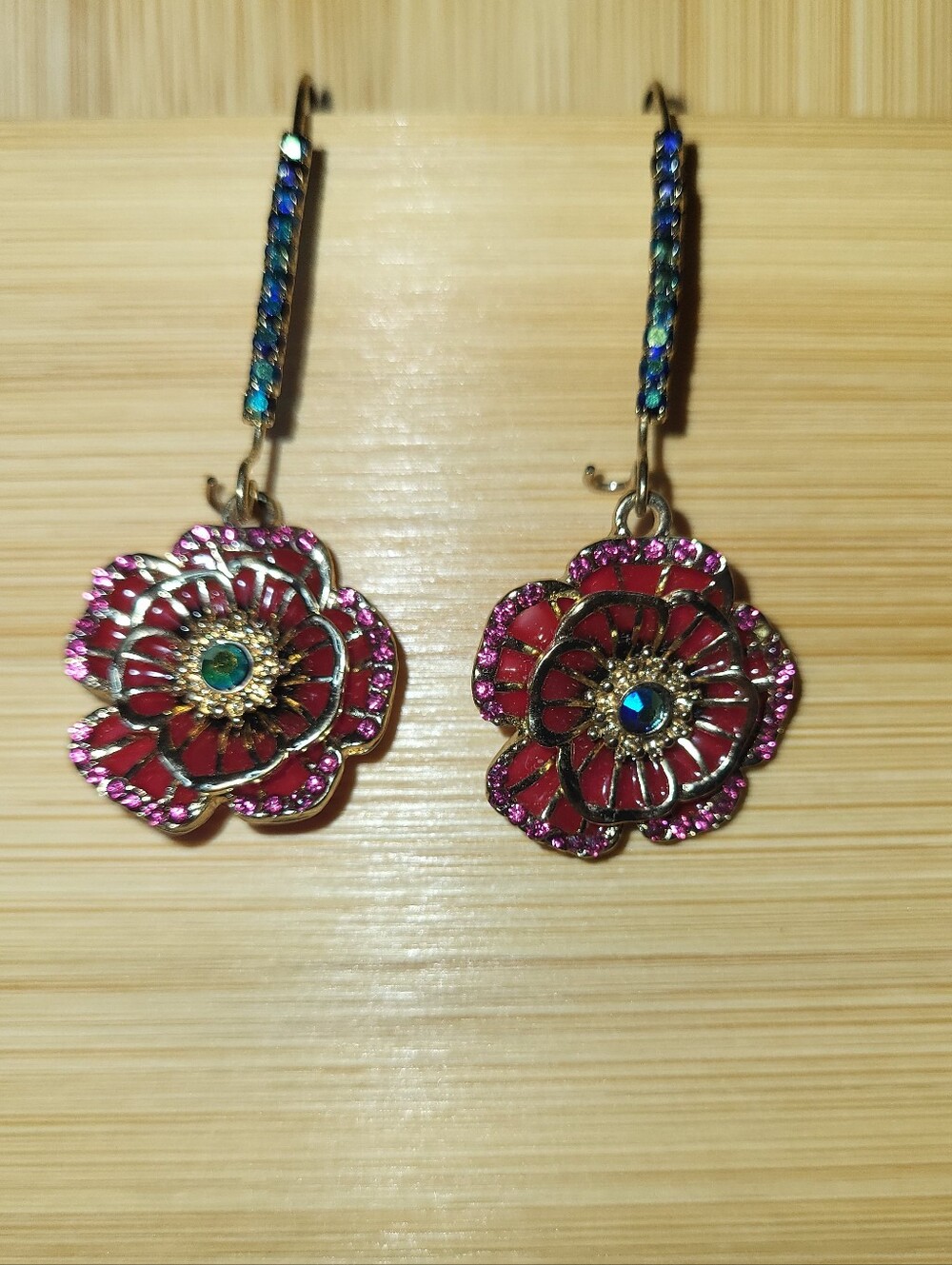 Betsey Johnson Pink Rose Floral Drop Earrings with Blue Crystal Accent